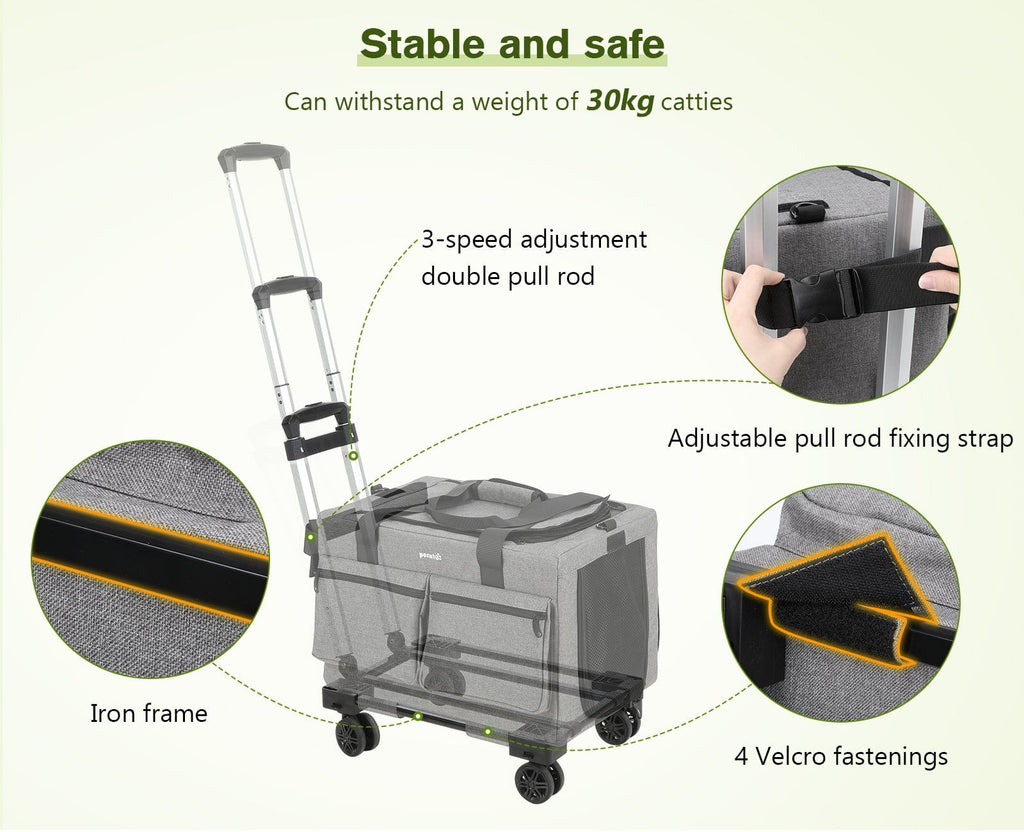 Cat Carrier with Wheels Steel Wire Frame Trolley Handbag Bag Stroller