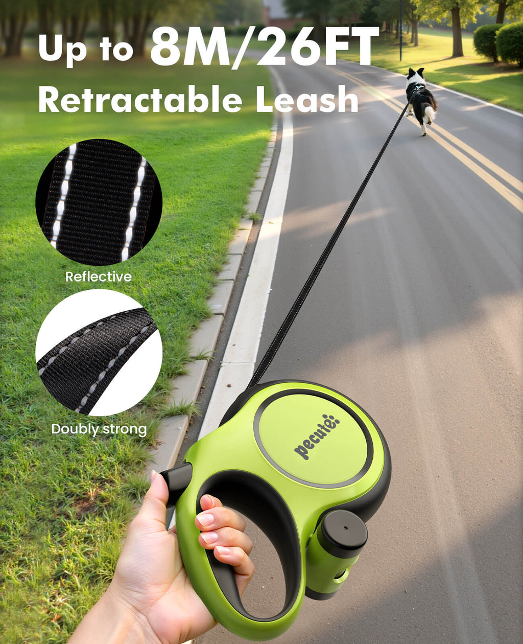 8m/26ft Dog Lead Retractable Dog Leash with Poo Bag Holder