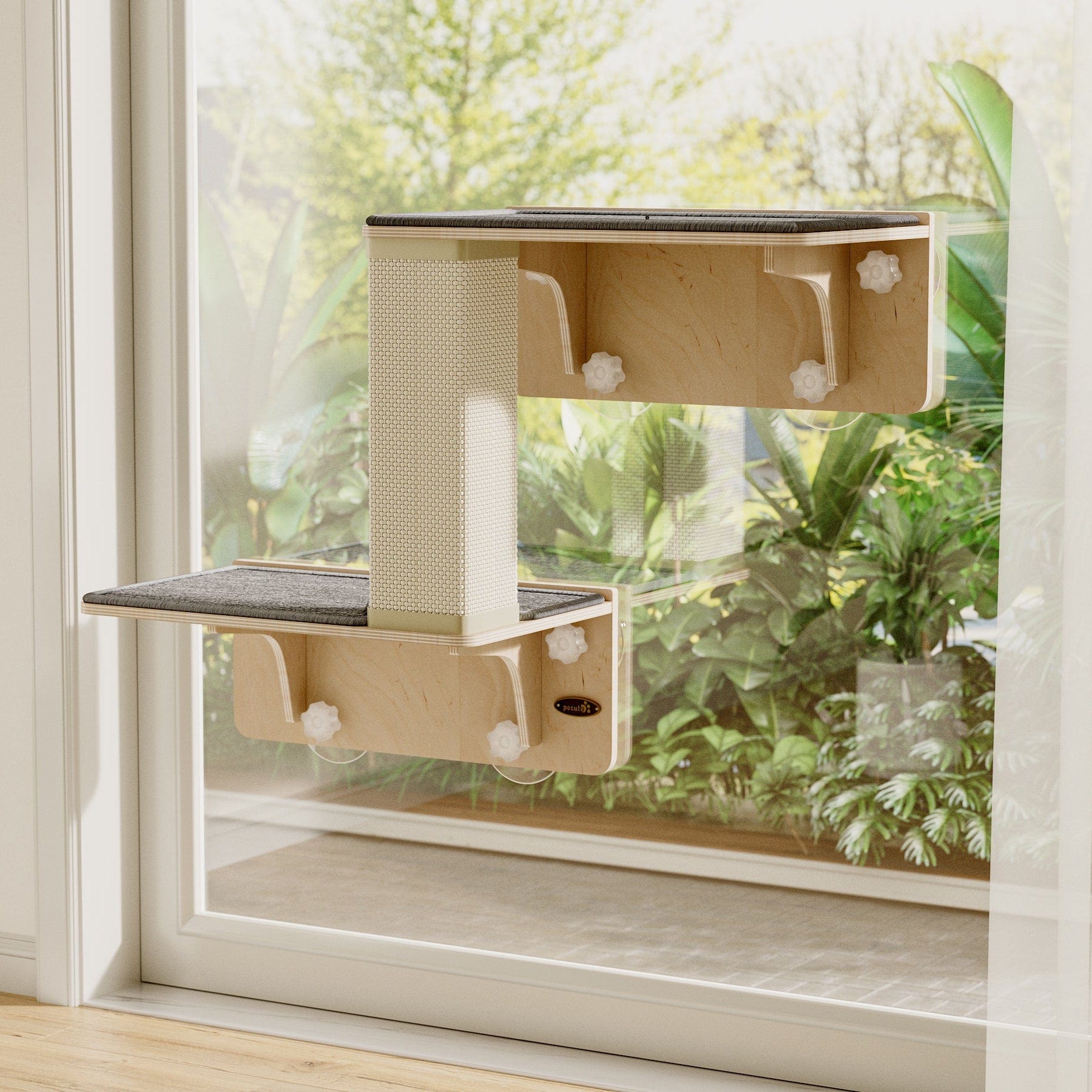 Double Cat Shelves with Cat Scratching Post for Wall Window with Solid Wood Frame