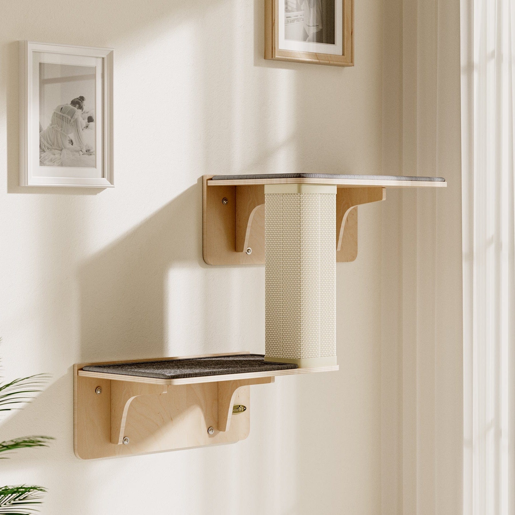 Double Cat Shelves with Cat Scratching Post for Wall Window with Solid Wood Frame