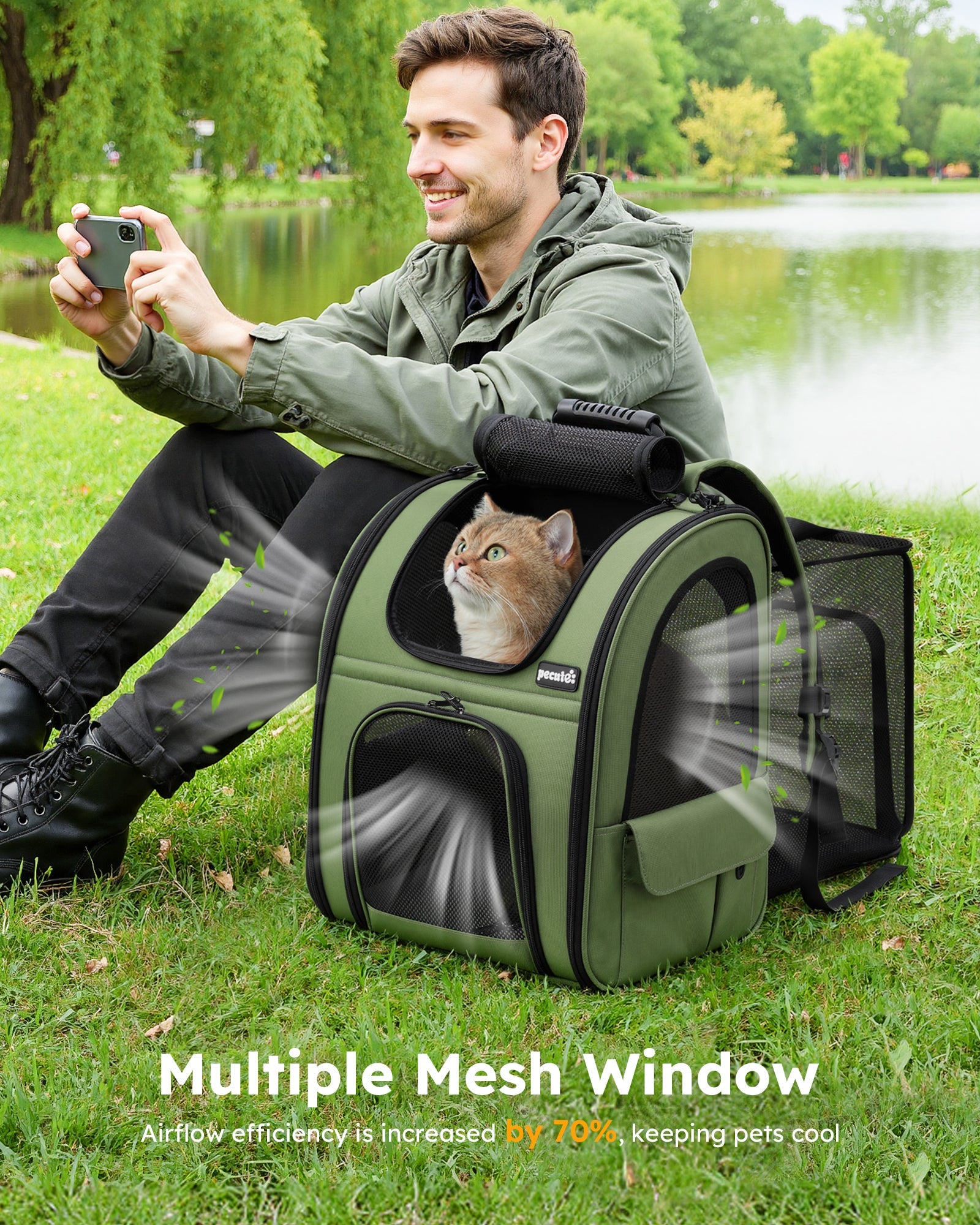 Expandable Breathable Mesh Cat Backpack Carrier (Green)