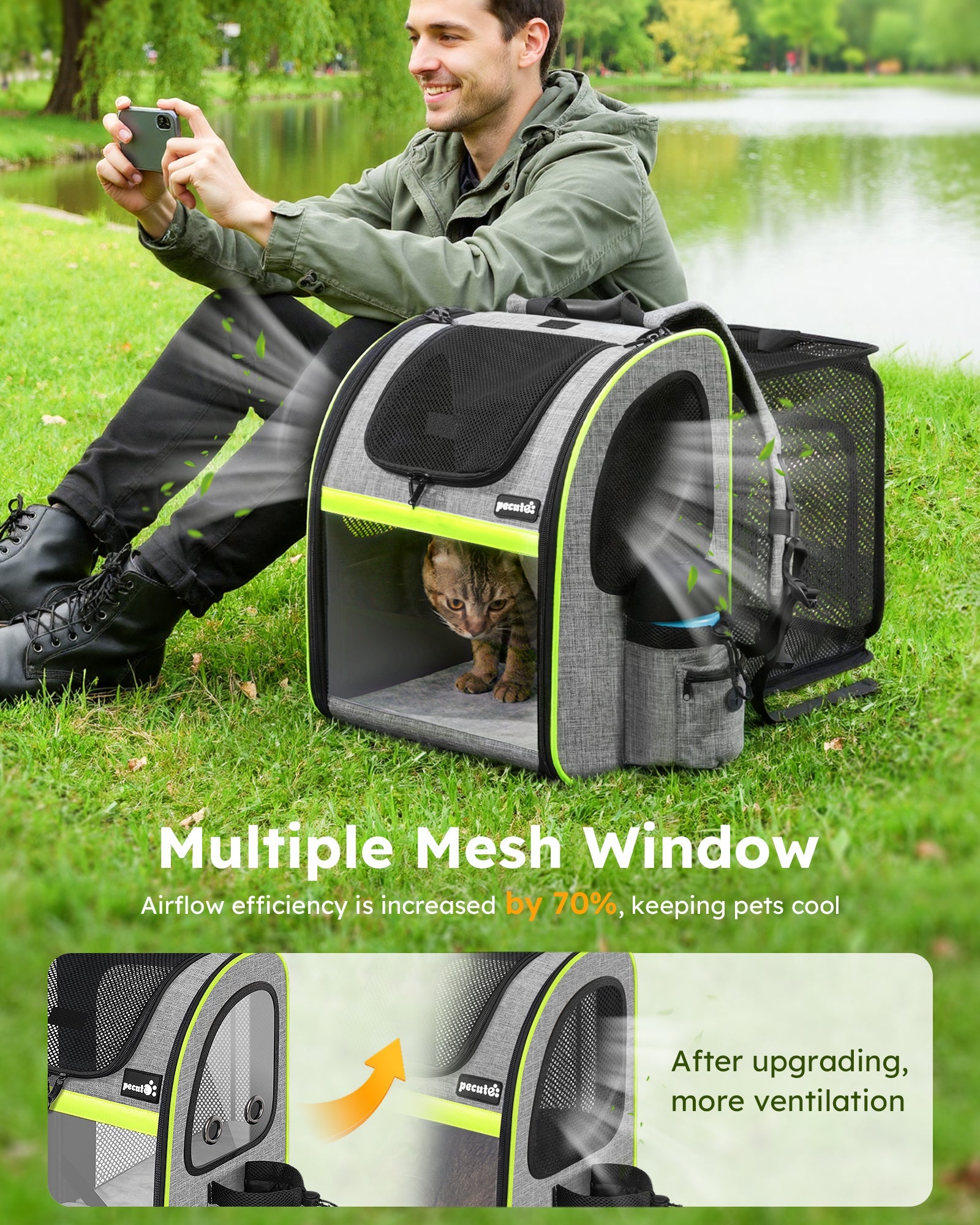 Portable Breathable Rucksack Expandable Cat Carrier Dog Backpack（Grey）