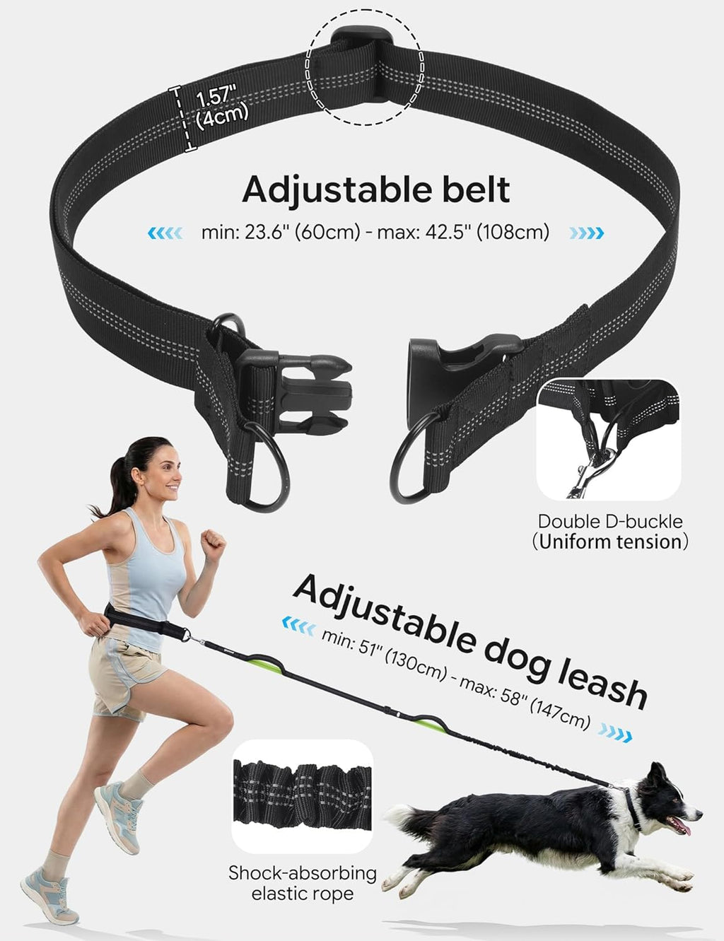 Dog Leash Hands Free Waist Leash with Pouch Removable for 33-120lbs Dogs