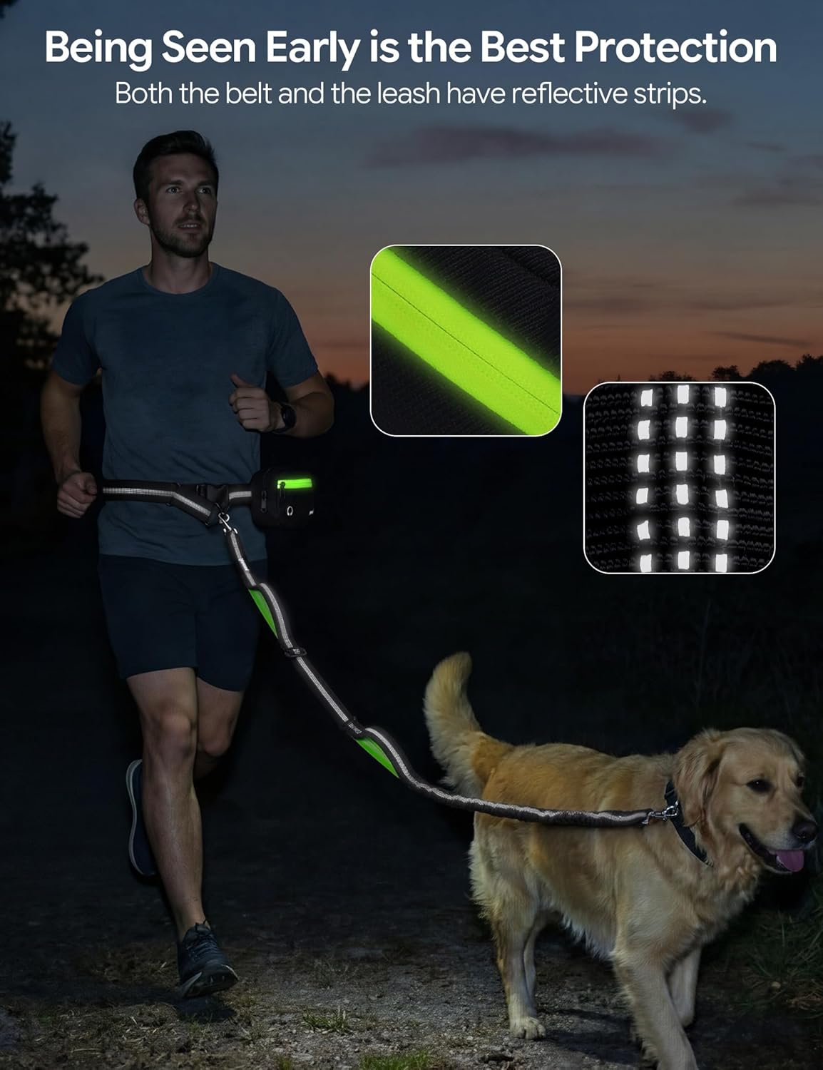Dog Leash Hands Free Waist Leash with Pouch Removable for 33-120lbs Dogs