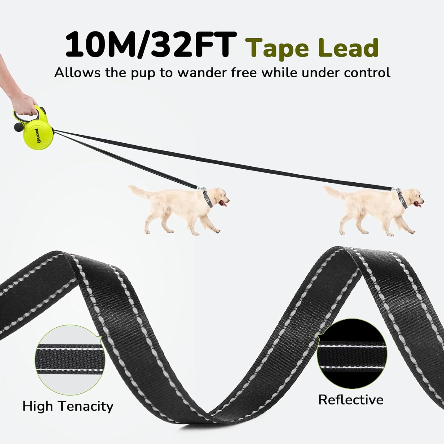 Pecute 10m/32ft Retractable Dog Leash with Dog Waste Bag Holder