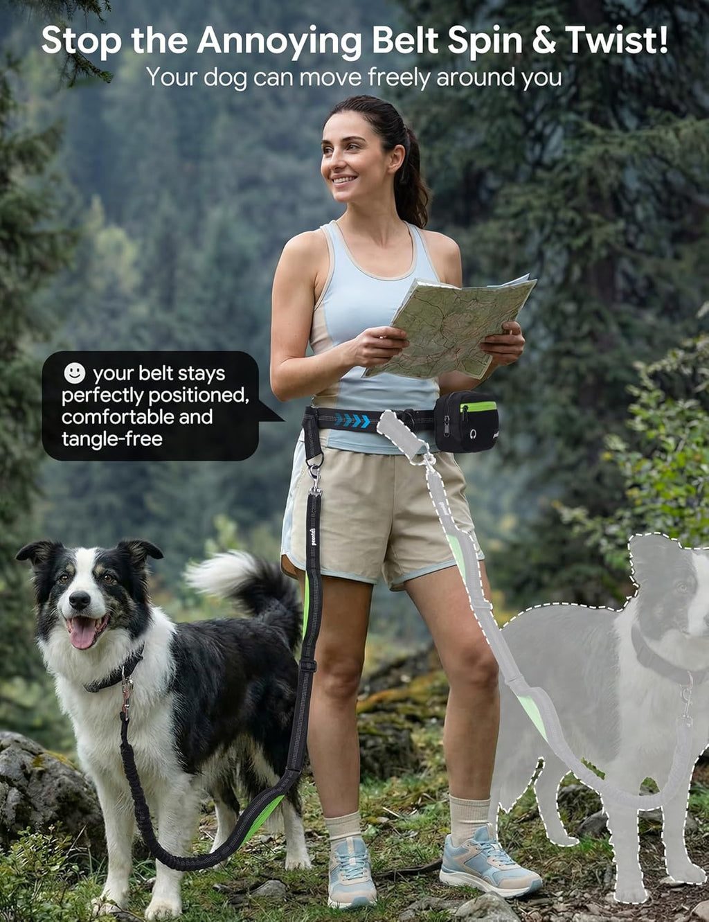 Dog Leash Hands Free Waist Leash with Pouch Removable for 33-120lbs Dogs
