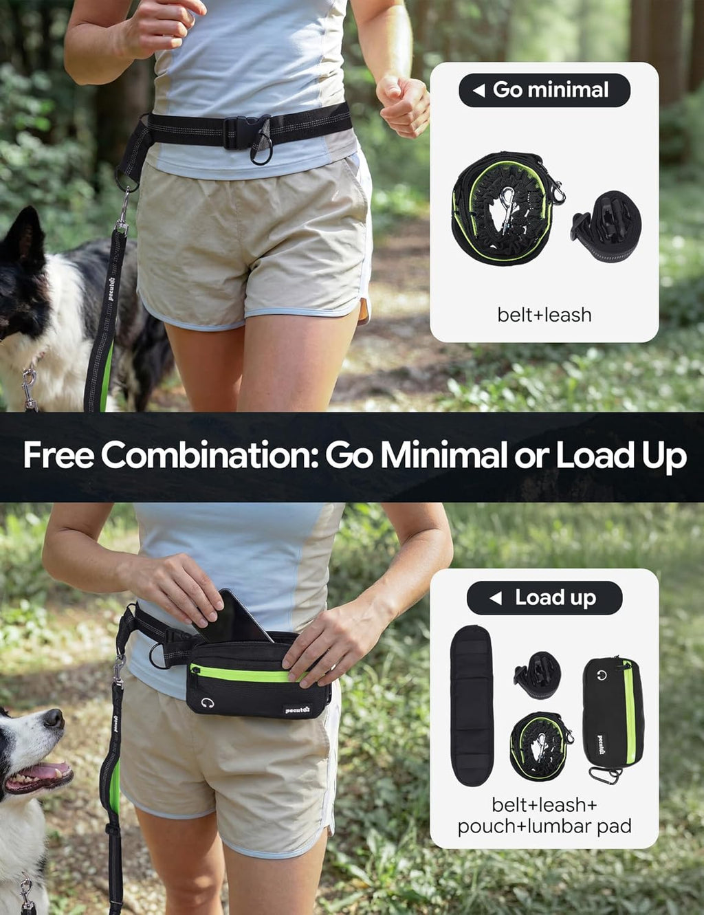 Dog Leash Hands Free Waist Leash with Pouch Removable for 33-120lbs Dogs