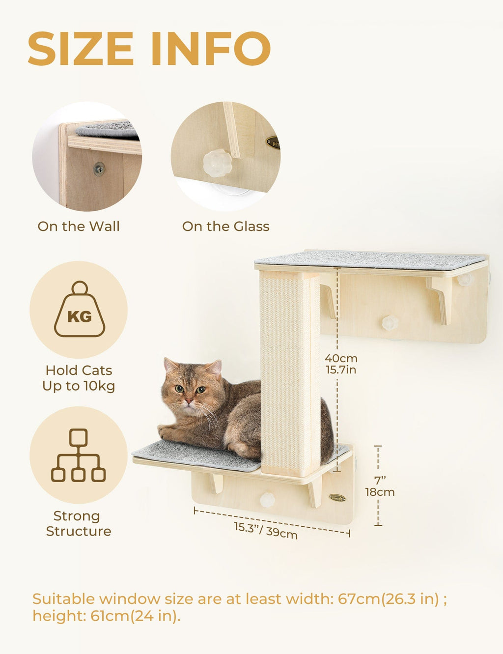 Double Cat Shelves with Cat Scratching Post for Wall Window with Solid Wood Frame