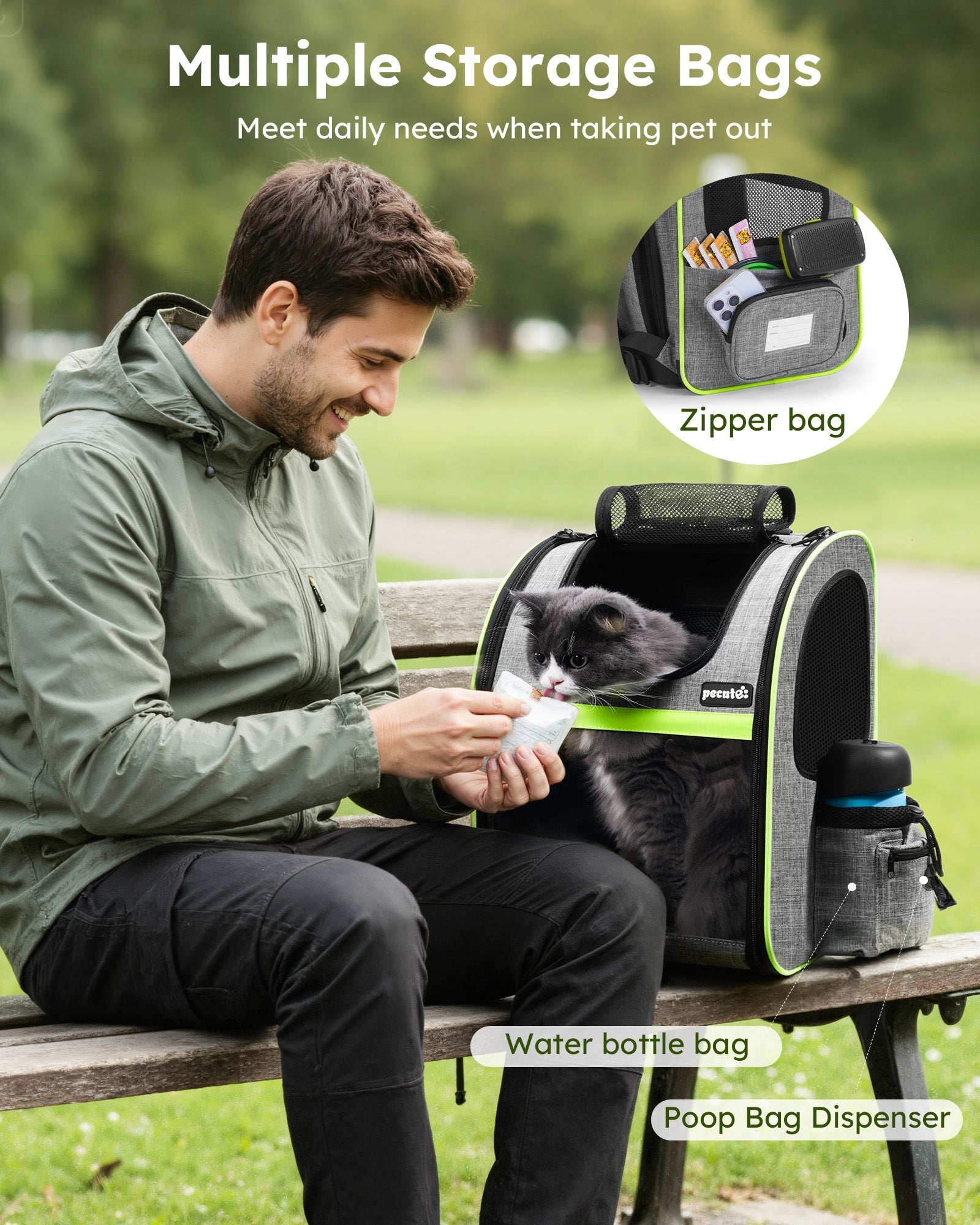 Pecute Portable Breathable Rucksack Expandable Cat Carrier Dog Backpack（Grey）