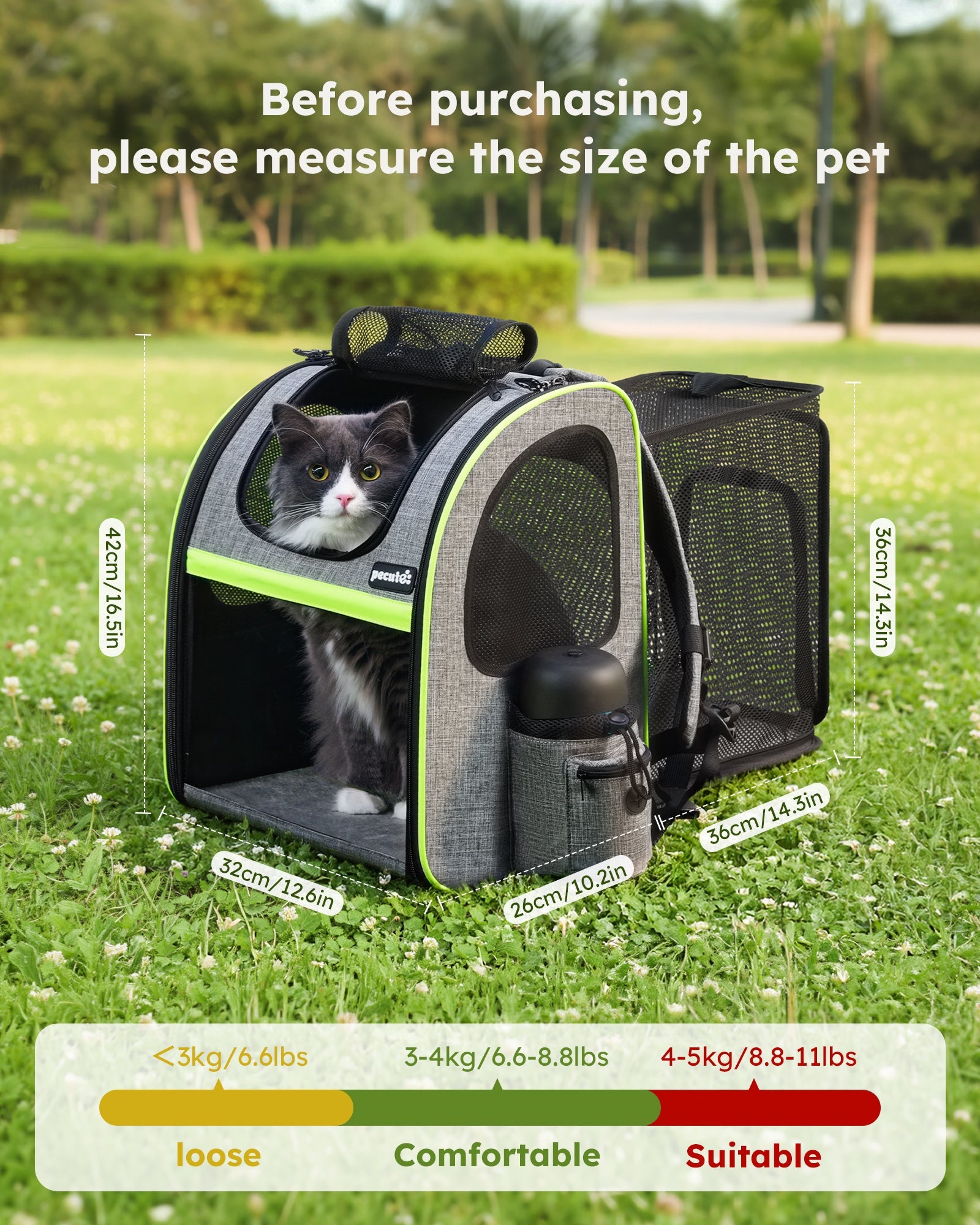 Pecute Portable Breathable Rucksack Expandable Cat Carrier Dog Backpack（Grey）