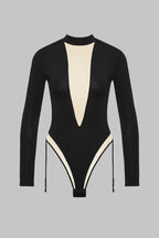 Body string col V manches longues porte-jarretelles - Pure Tentation