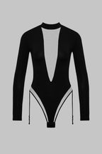 Body string col V manches longues porte-jarretelles - Pure Tentation